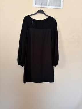 Black Long Sleeve Shift Dress with Sheer Pleated Yoke